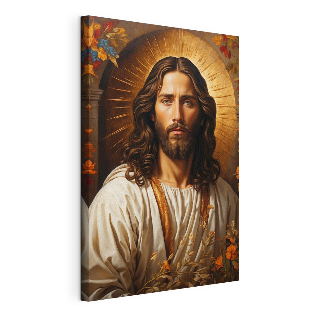 Jesus num halo dourado, tela esticada e borda contínua