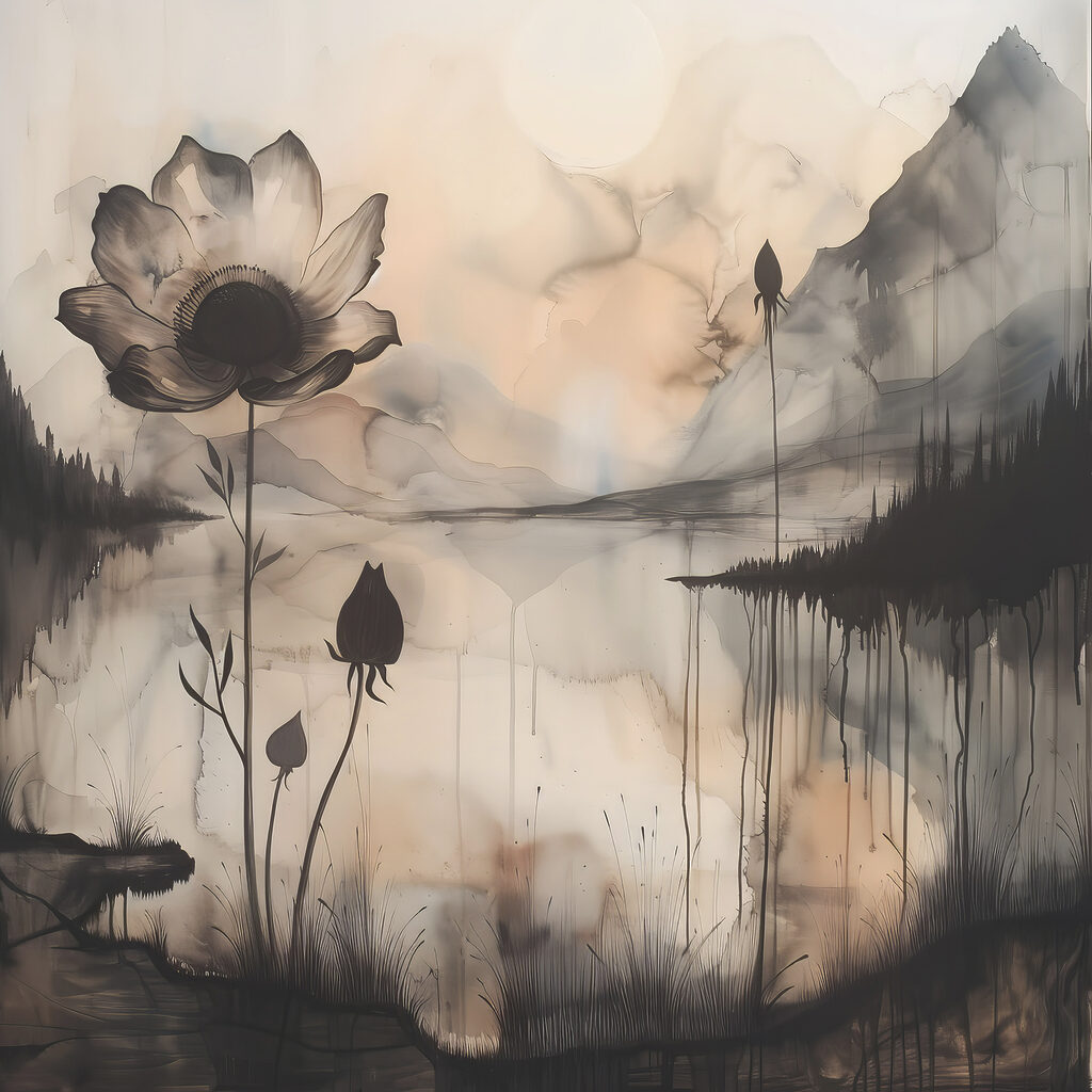 Flores num lago enevoado — design completo
