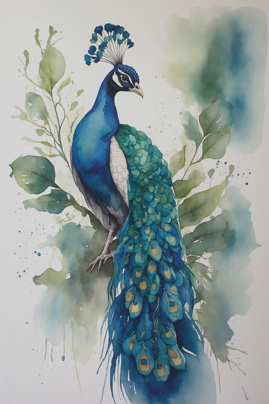 Pavão em aguarela suave — design completo
