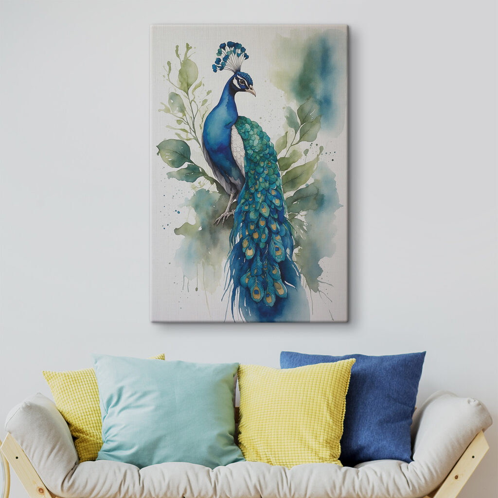 Pavão em aguarela suave — interior 2