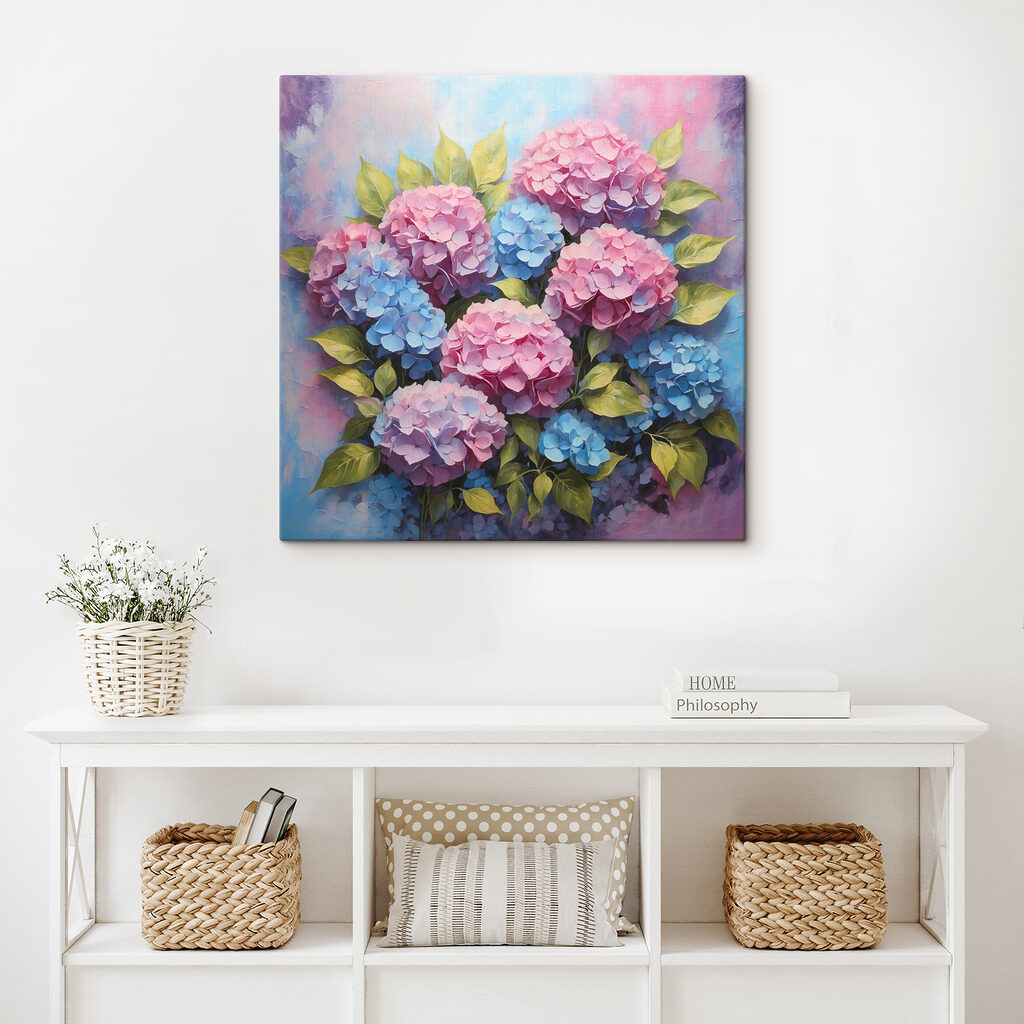 Hortênsias em aguarela rosa — interior 2