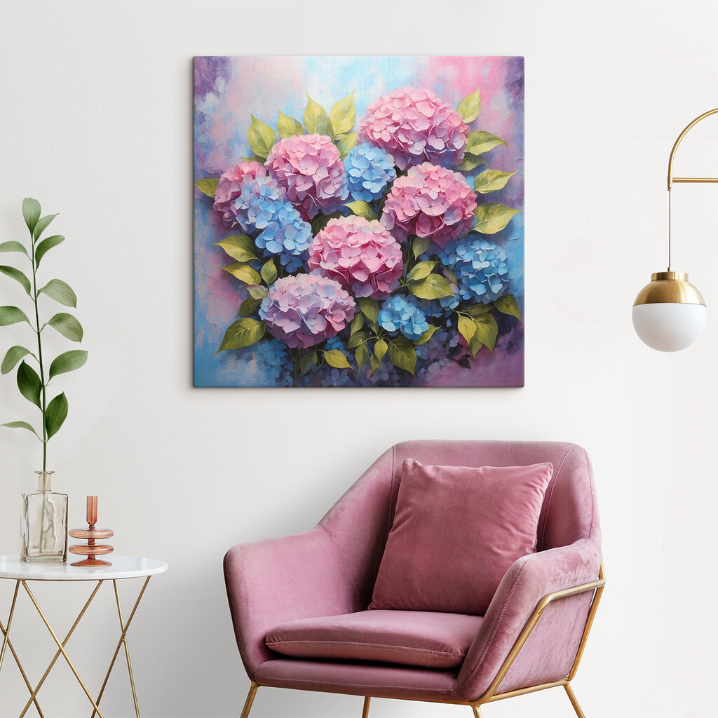 Hortênsias em aguarela rosa — interior 1