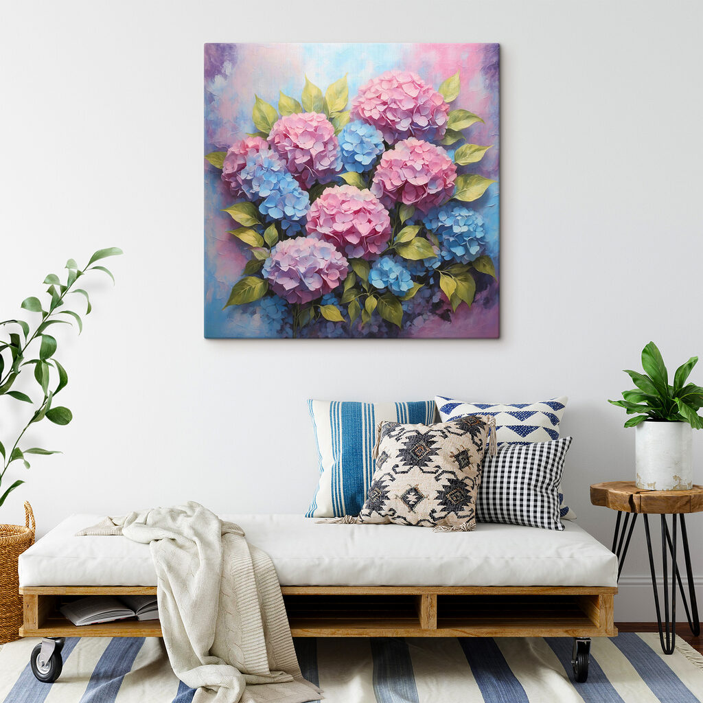 Hortênsias em aguarela rosa — interior 3