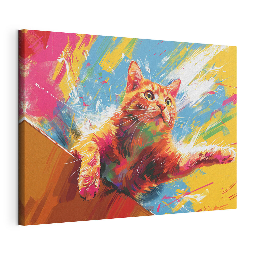 Gatinho entre cores vivas, tela esticada e borda contínua