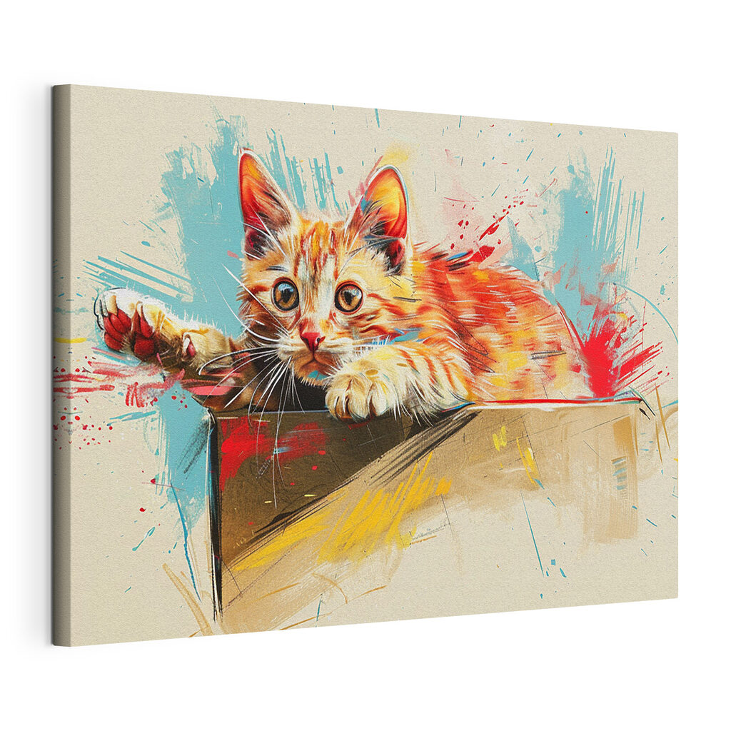 Gatinho entre salpicos, tela esticada e borda contínua