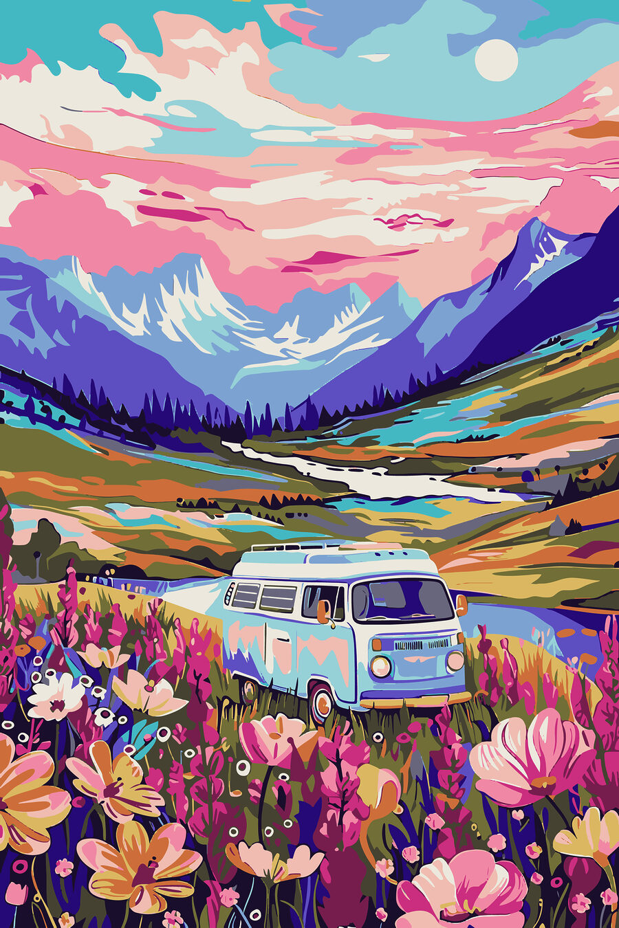 Carrinha entre flores alpinas — design completo
