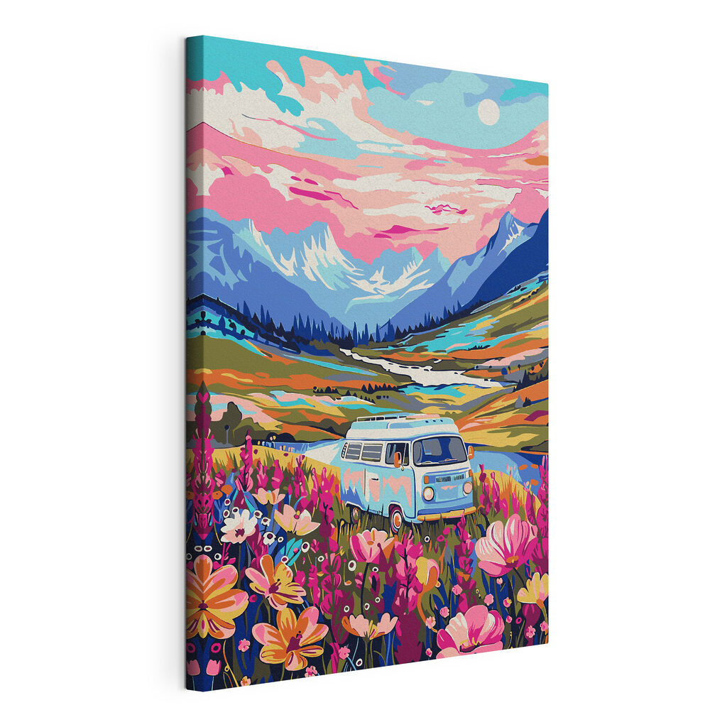 Carrinha entre flores alpinas, tela esticada e borda contínua