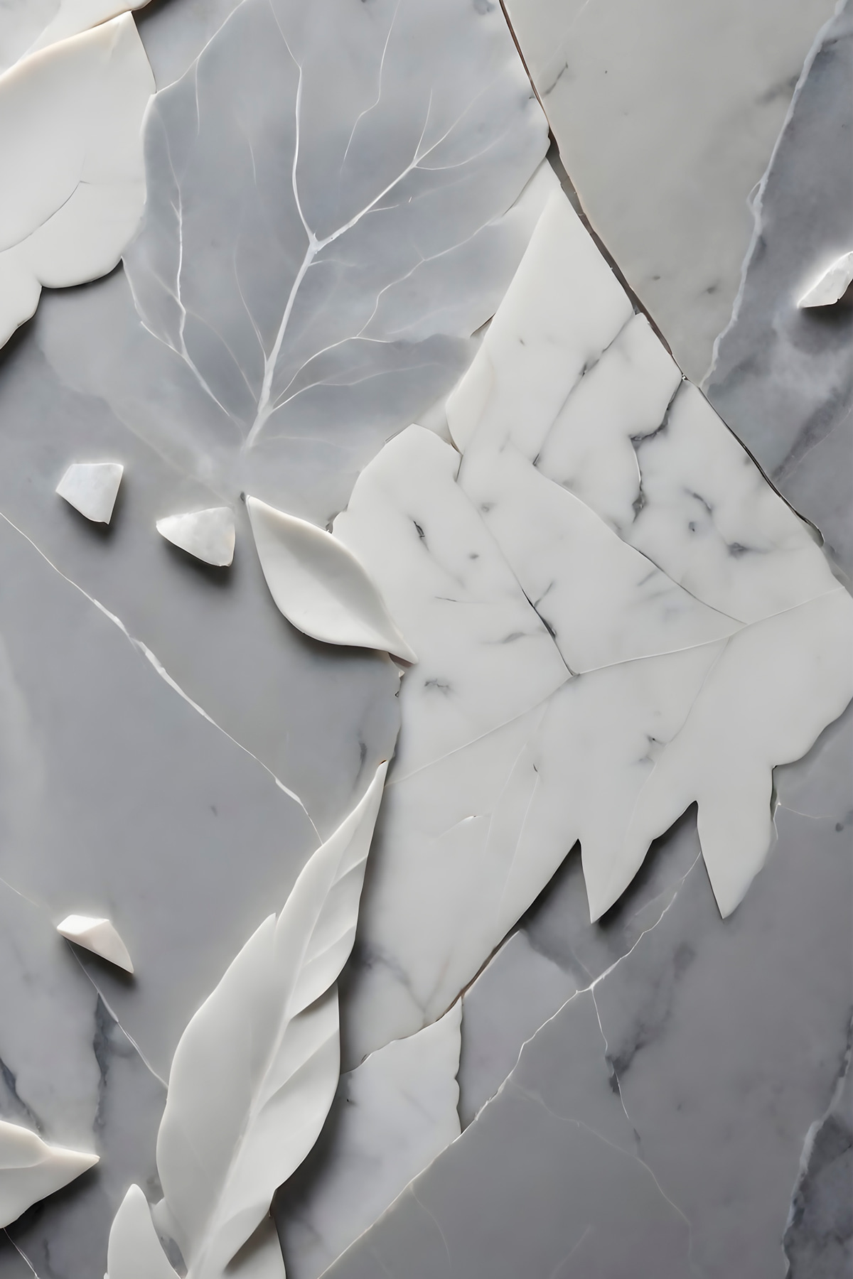 Folha entre fragmentos brancos — design completo