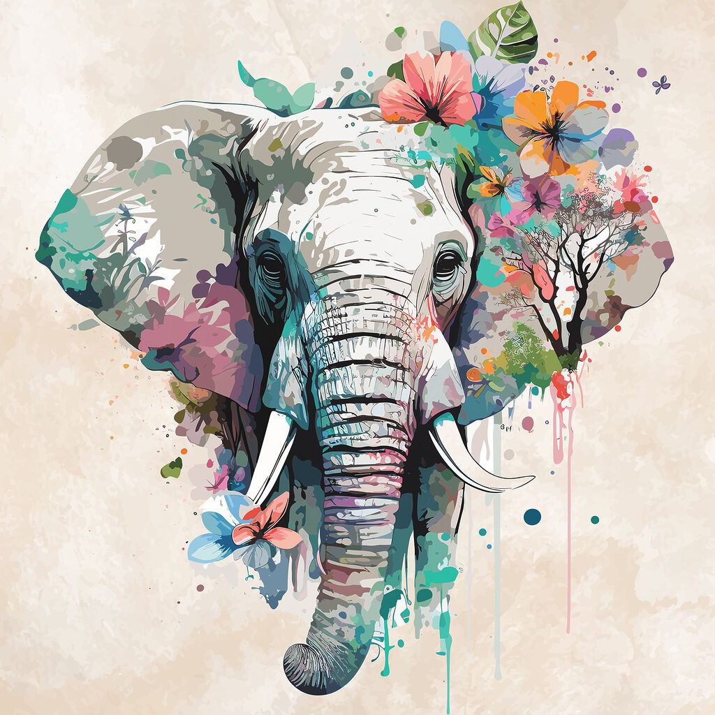 Elefante em flores vivas — design completo