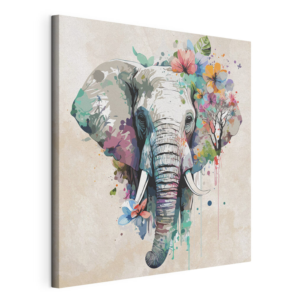 Elefante em flores vivas, tela esticada e borda contínua