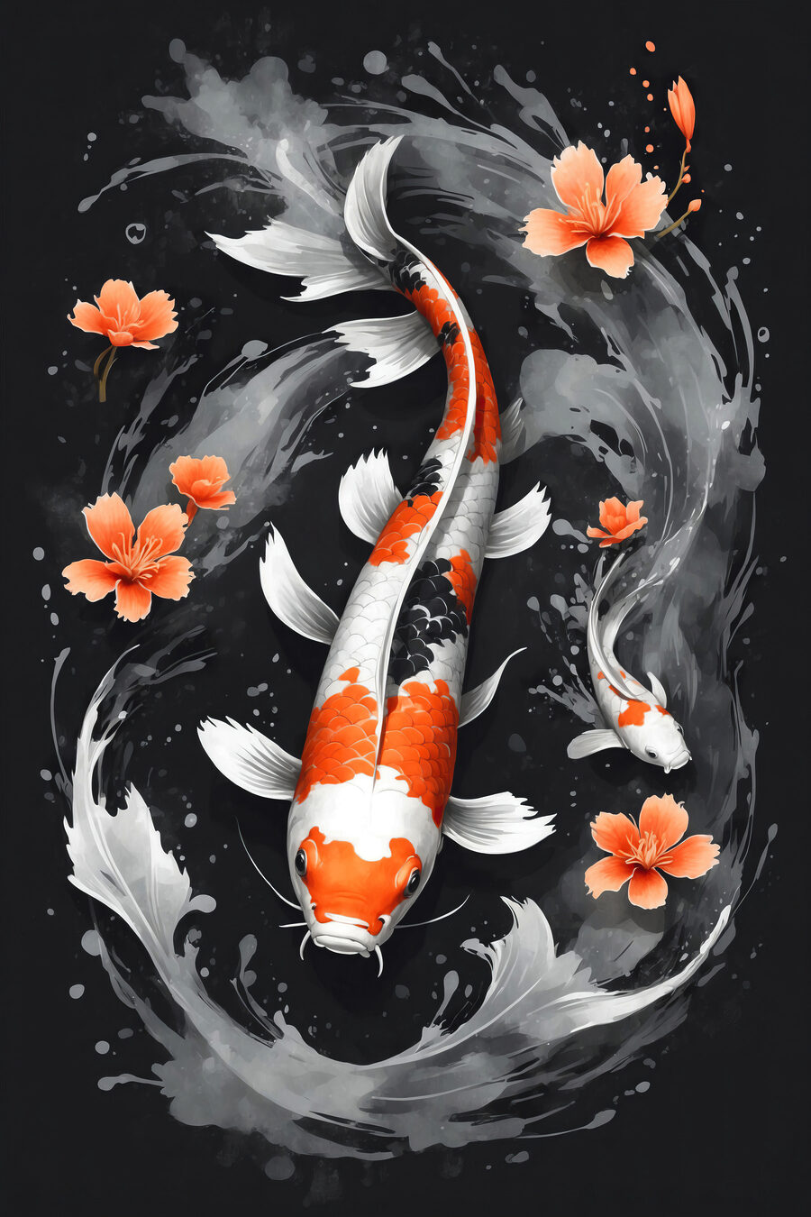 Koi entre flores laranja — design completo