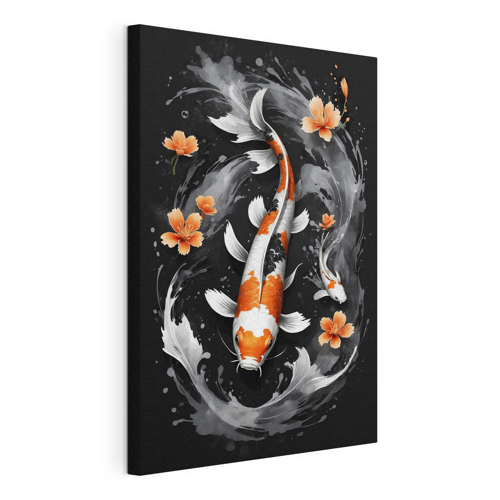 Koi entre flores laranja, tela esticada e borda contínua