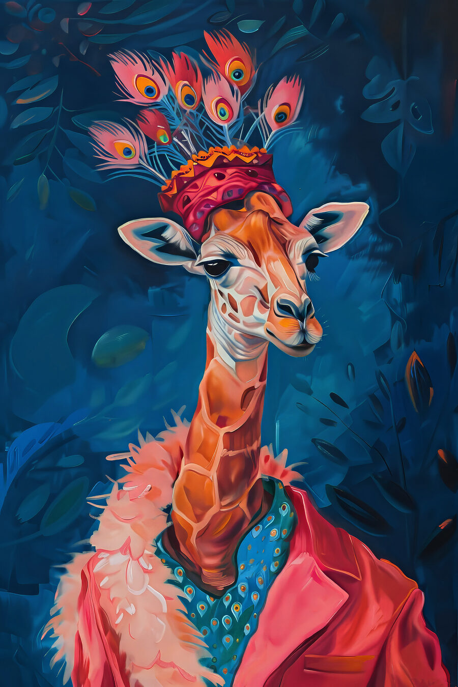 Girafa com chapéu emplumado — design completo