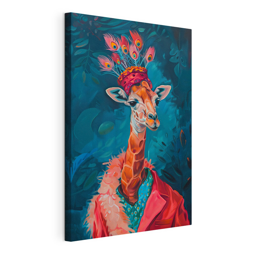 Girafa com chapéu emplumado, tela esticada e borda contínua