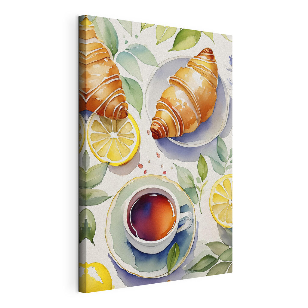 Croissants junto ao chá, tela esticada e borda contínua
