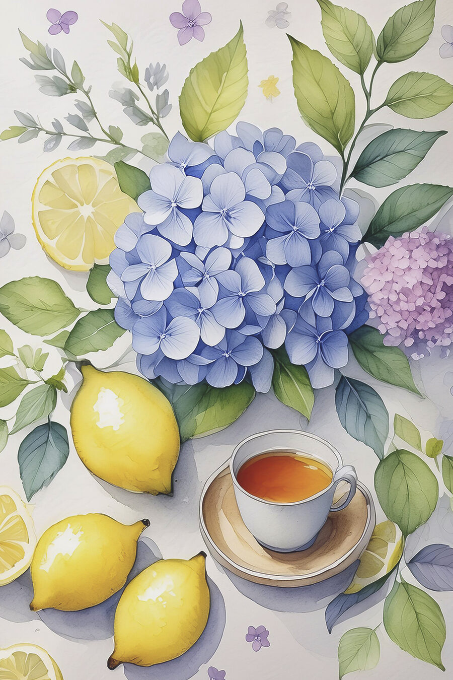Chá com hortênsia azul — design completo