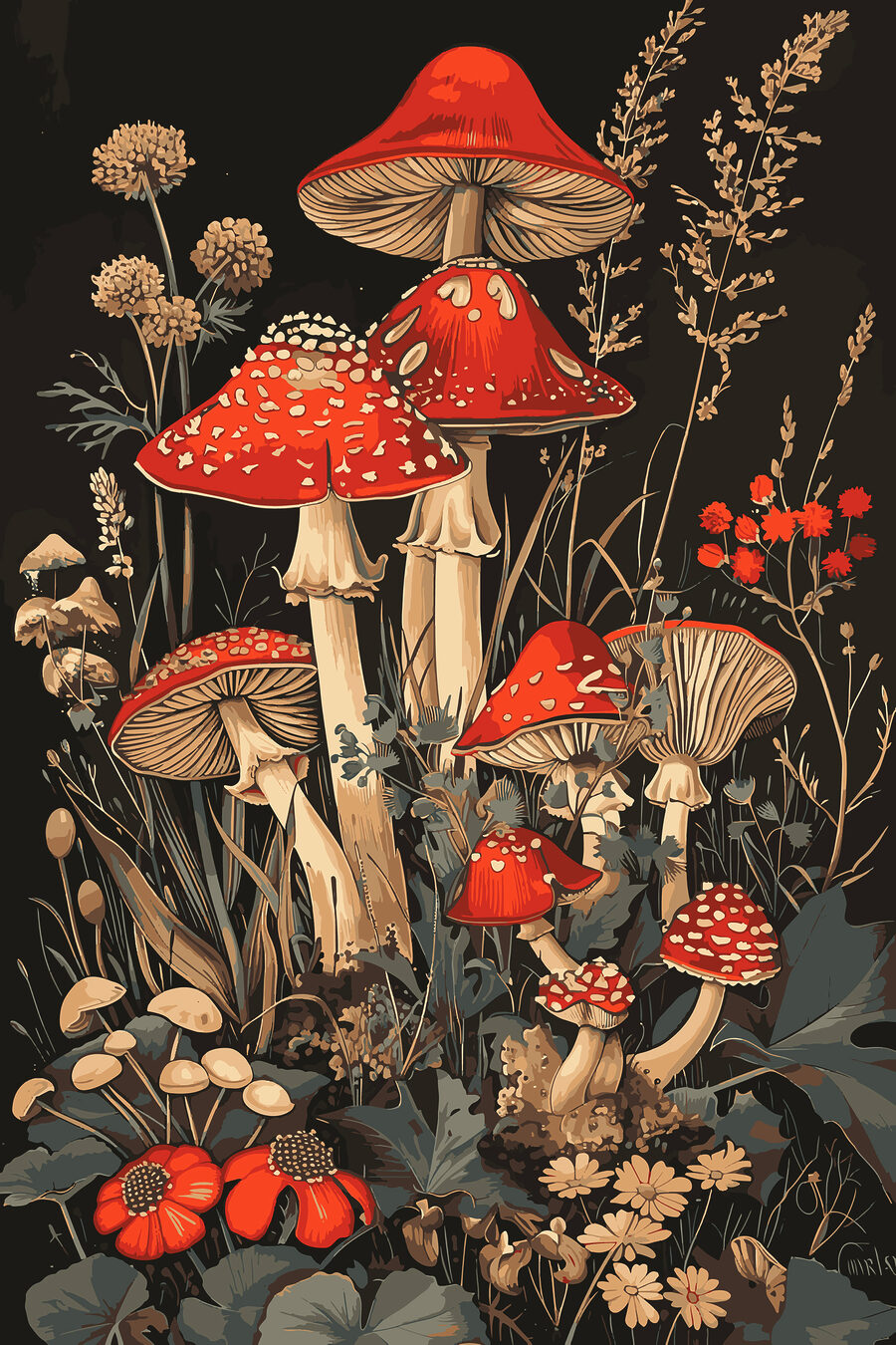 Cogumelos vermelhos no escuro — design completo