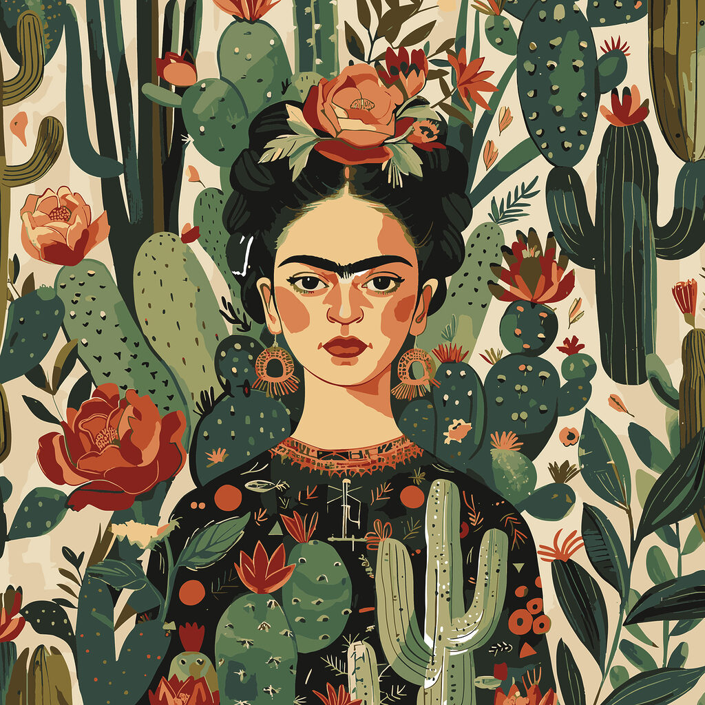 Frida entre flores vermelhas — design completo