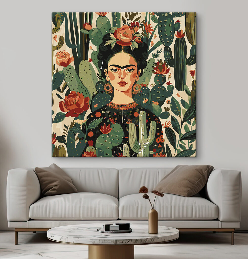 Frida entre flores vermelhas num interior