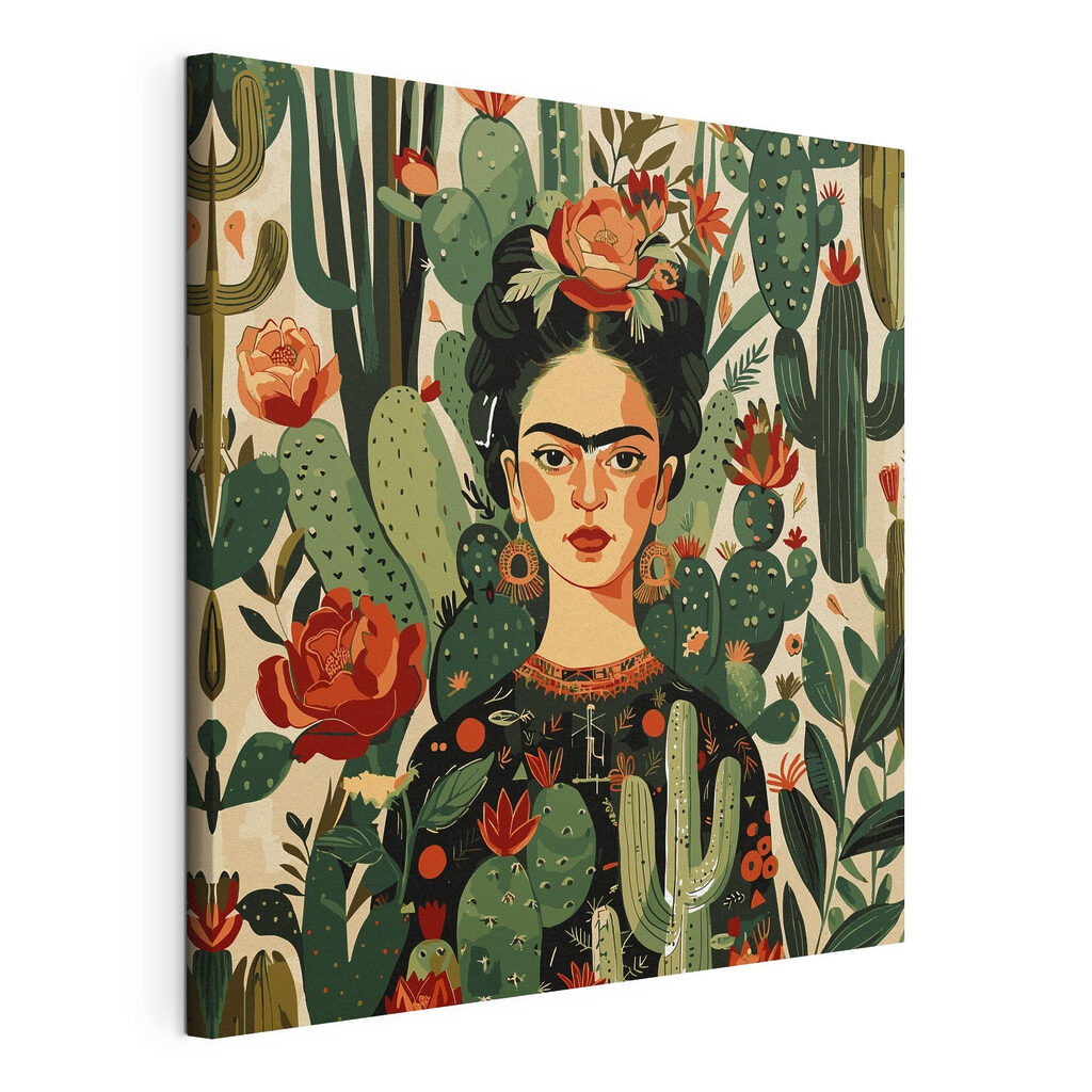 Frida entre flores vermelhas, tela esticada e borda contínua