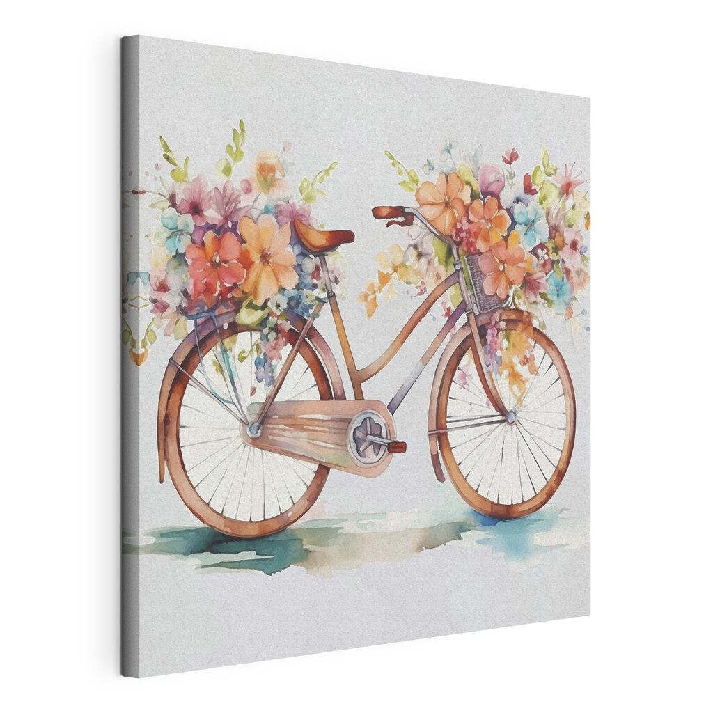 Bicicleta cheia de flores, tela esticada e borda contínua
