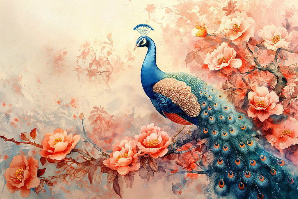 Pavão entre flores pêssego — design completo