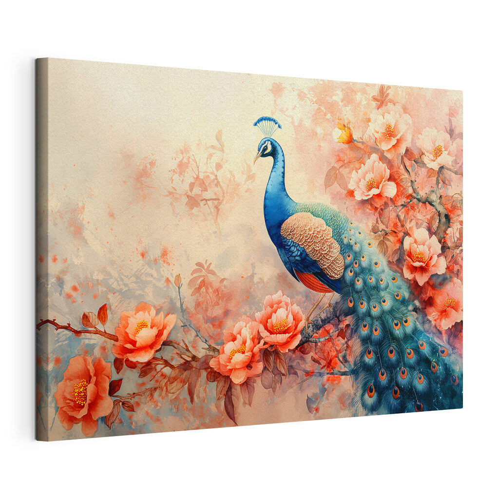 Pavão entre flores pêssego, tela esticada e borda contínua