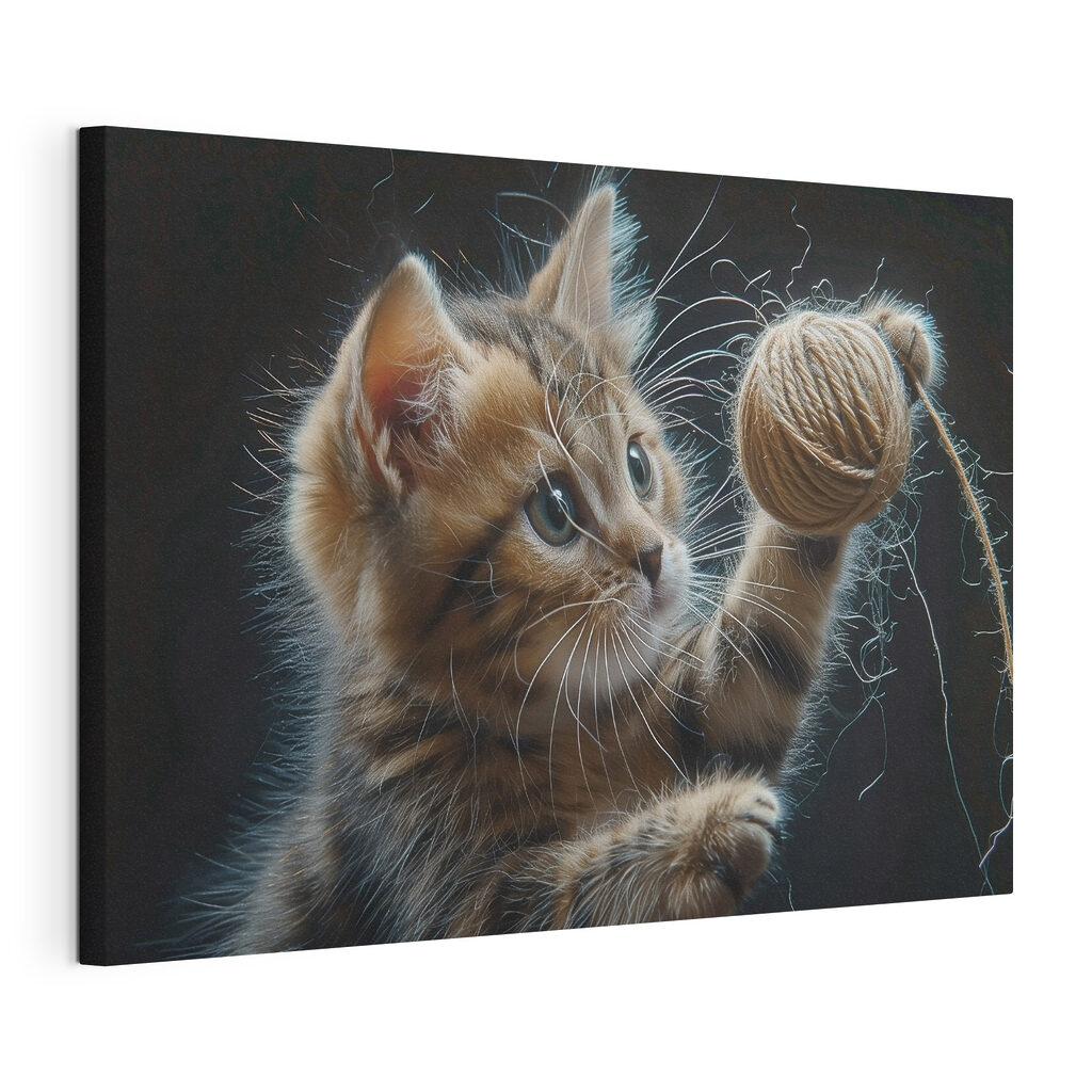Gatinho apanha um fio, tela esticada e borda contínua