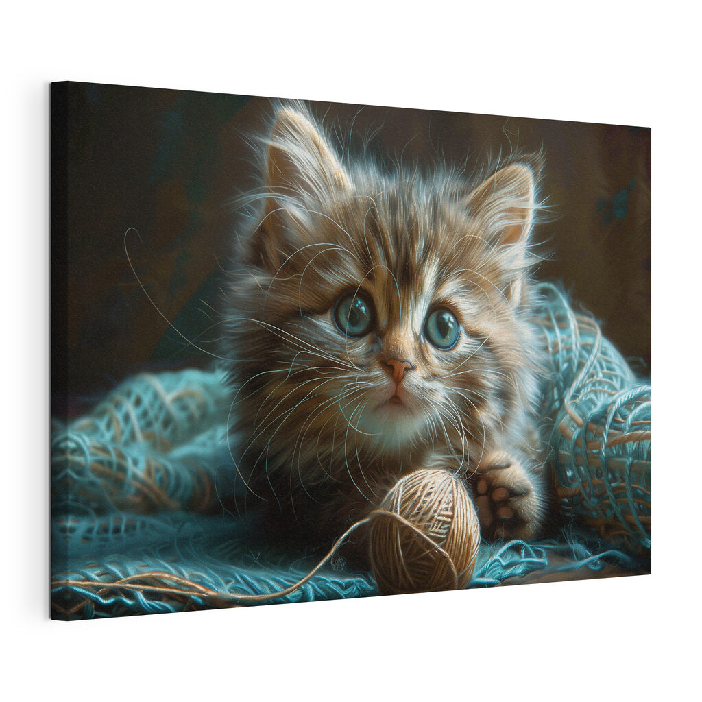 Gatinho sobre malha azul, tela esticada e borda contínua