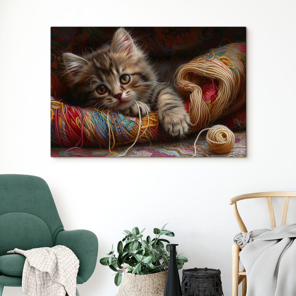Gatinho entre lã colorida — interior 1