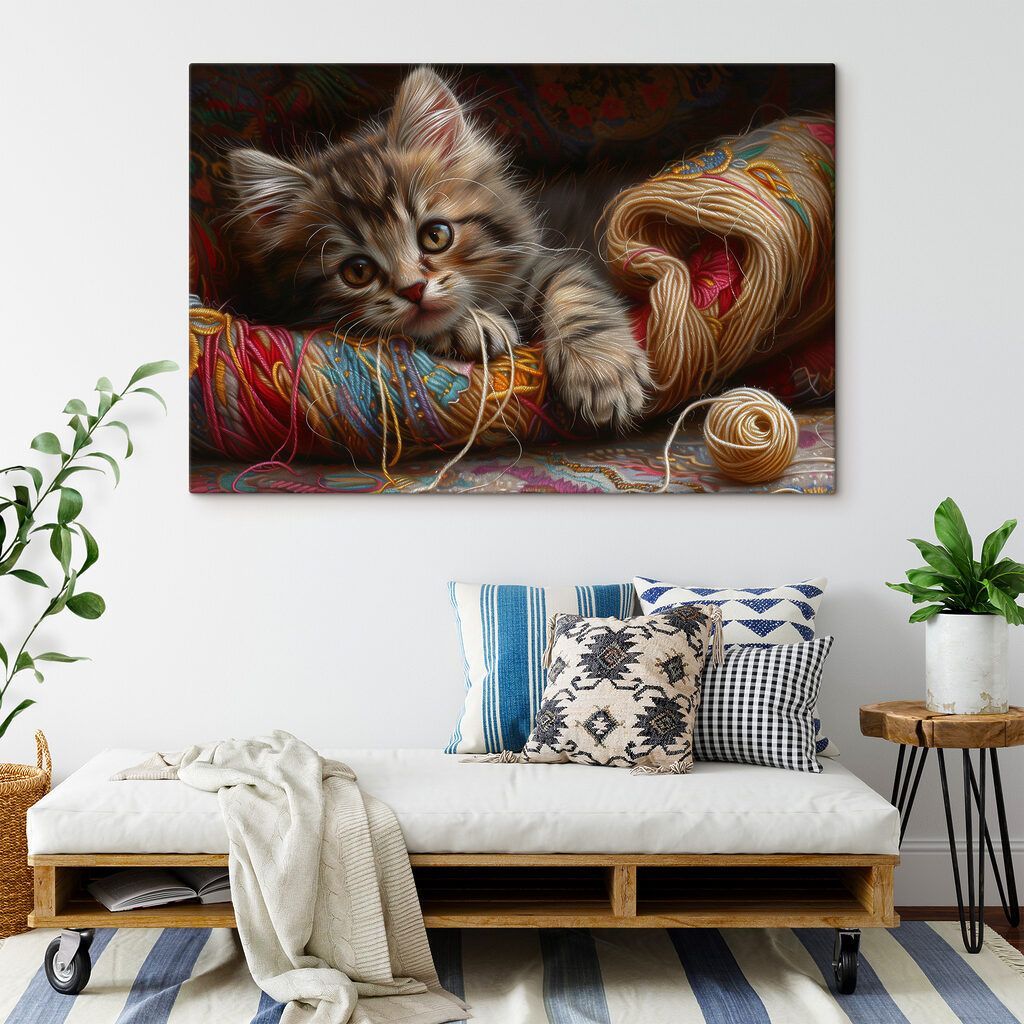 Gatinho entre lã colorida — interior 2