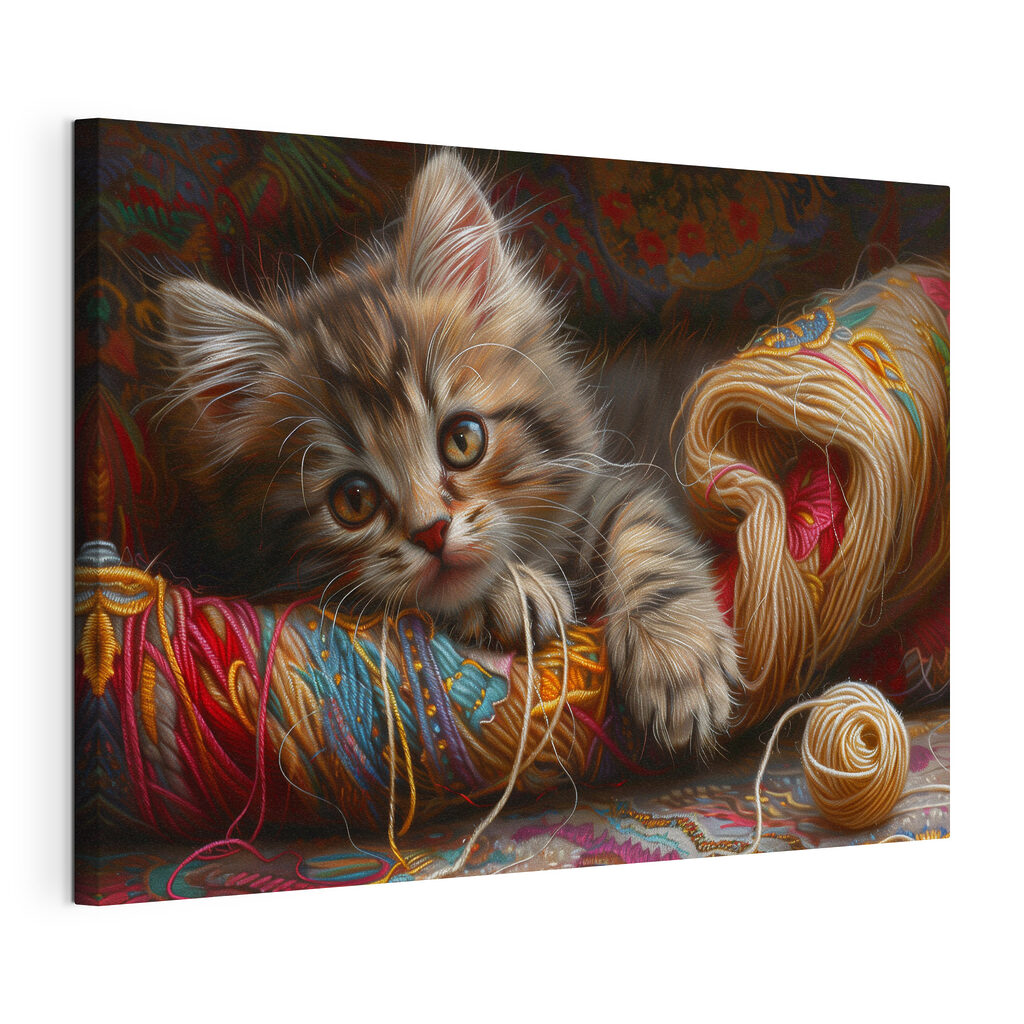 Gatinho entre lã colorida, tela esticada e borda contínua