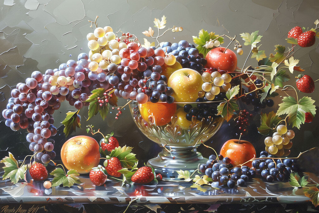 Uvas numa fruteira — design completo