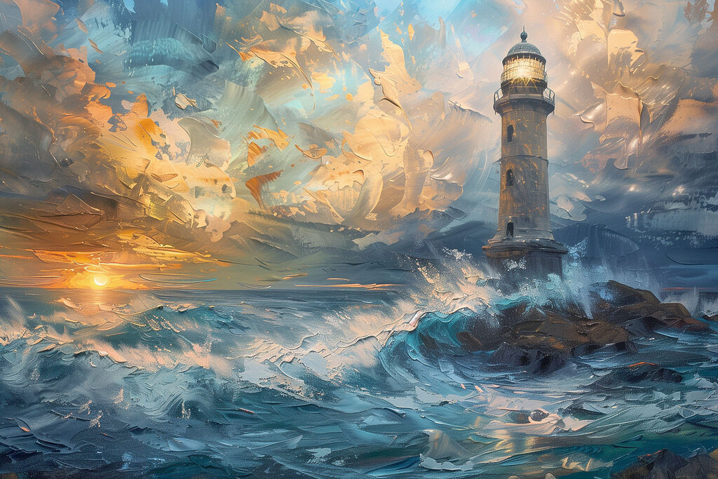 Farol entre ondas coloridas — design completo