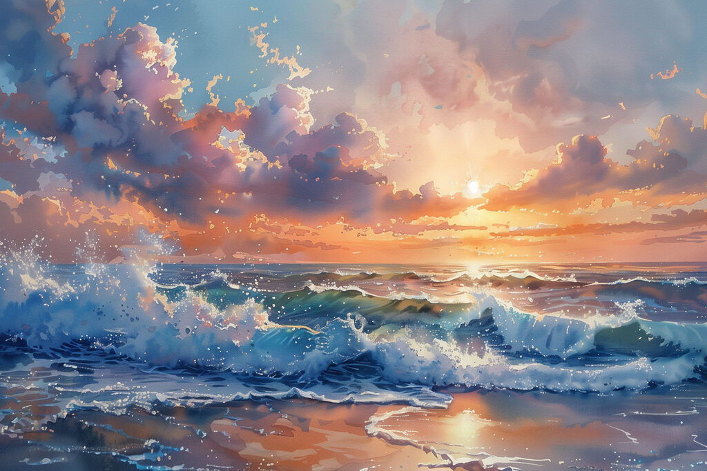 Entardecer sobre as ondas — design completo
