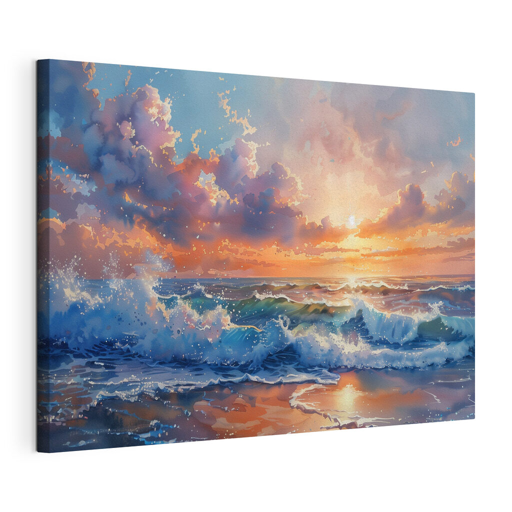 Entardecer sobre as ondas, tela esticada e borda contínua