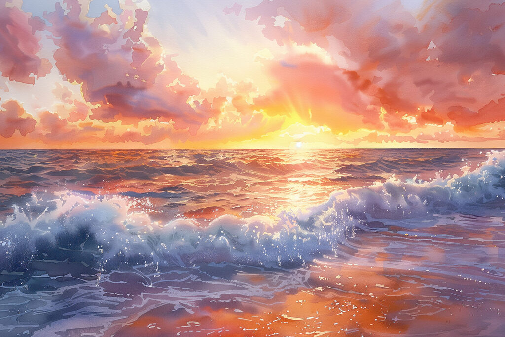 Nuvens rosa sobre ondas — design completo