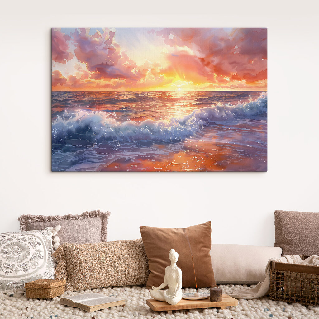 Nuvens rosa sobre ondas — interior 2