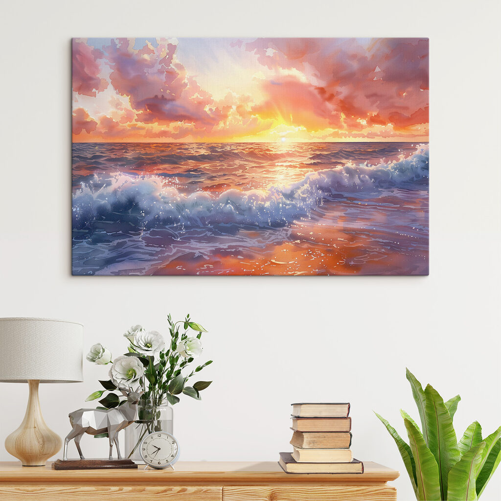 Nuvens rosa sobre ondas — interior 1