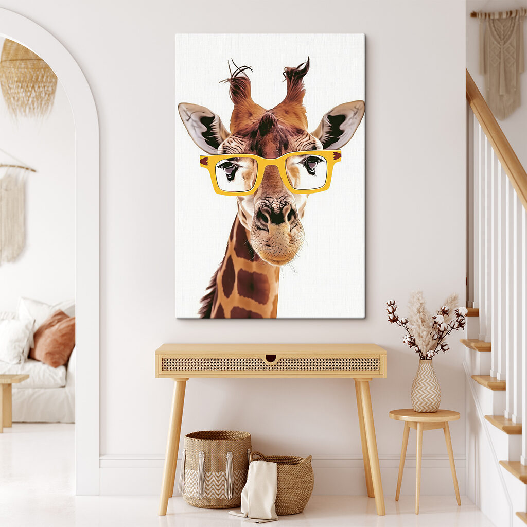 Girafa de óculos amarelos num interior