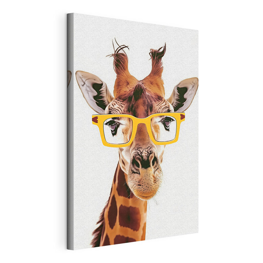 Girafa de óculos amarelos, tela esticada e borda contínua