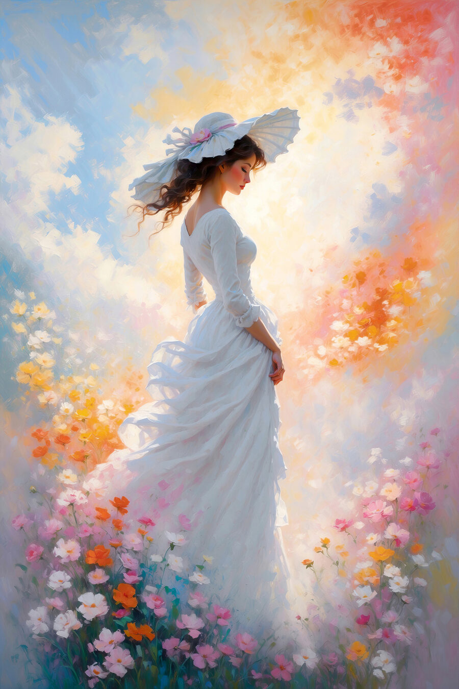 Vestido branco entre flores — design completo