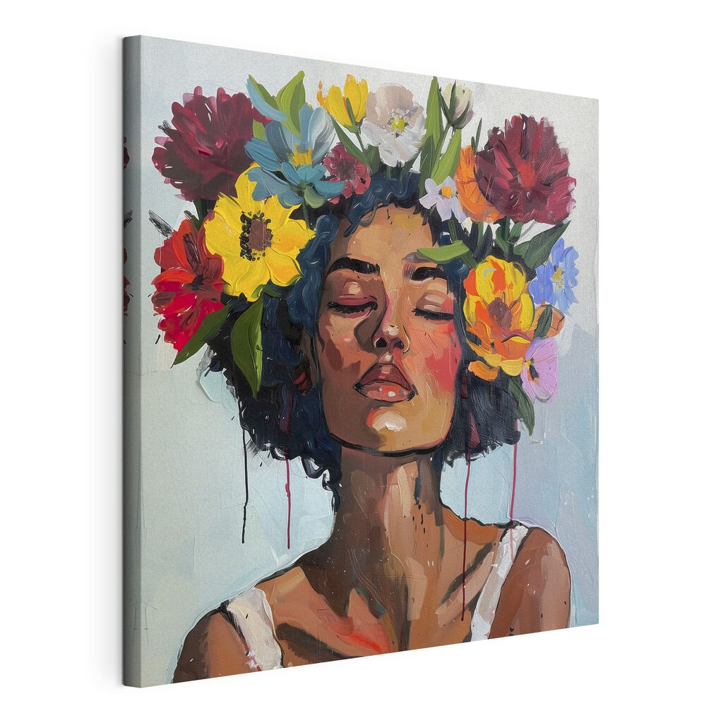 Coroa de flores, tela esticada e borda contínua
