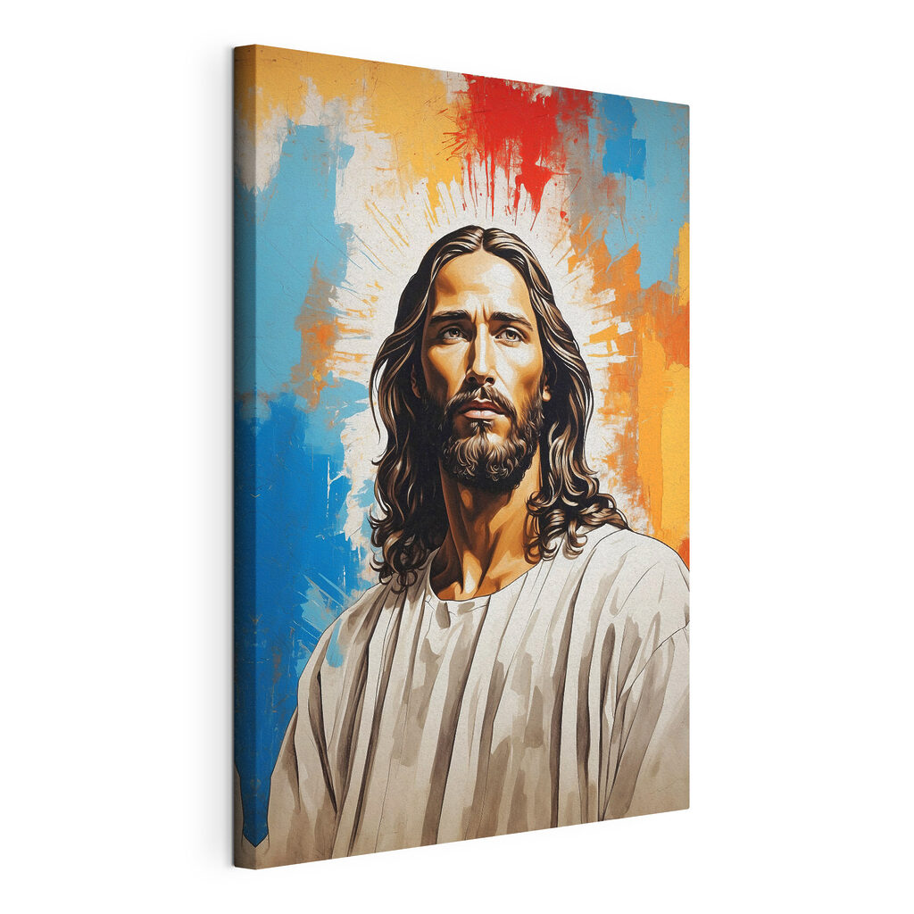 Jesus entre cores quentes, tela esticada e borda contínua