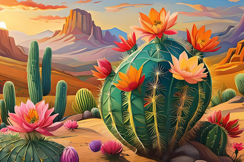 Cactos floridos no deserto — design completo