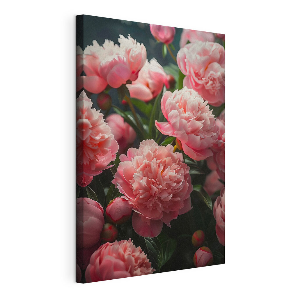 Peónias em rosa intenso, tela esticada e borda contínua