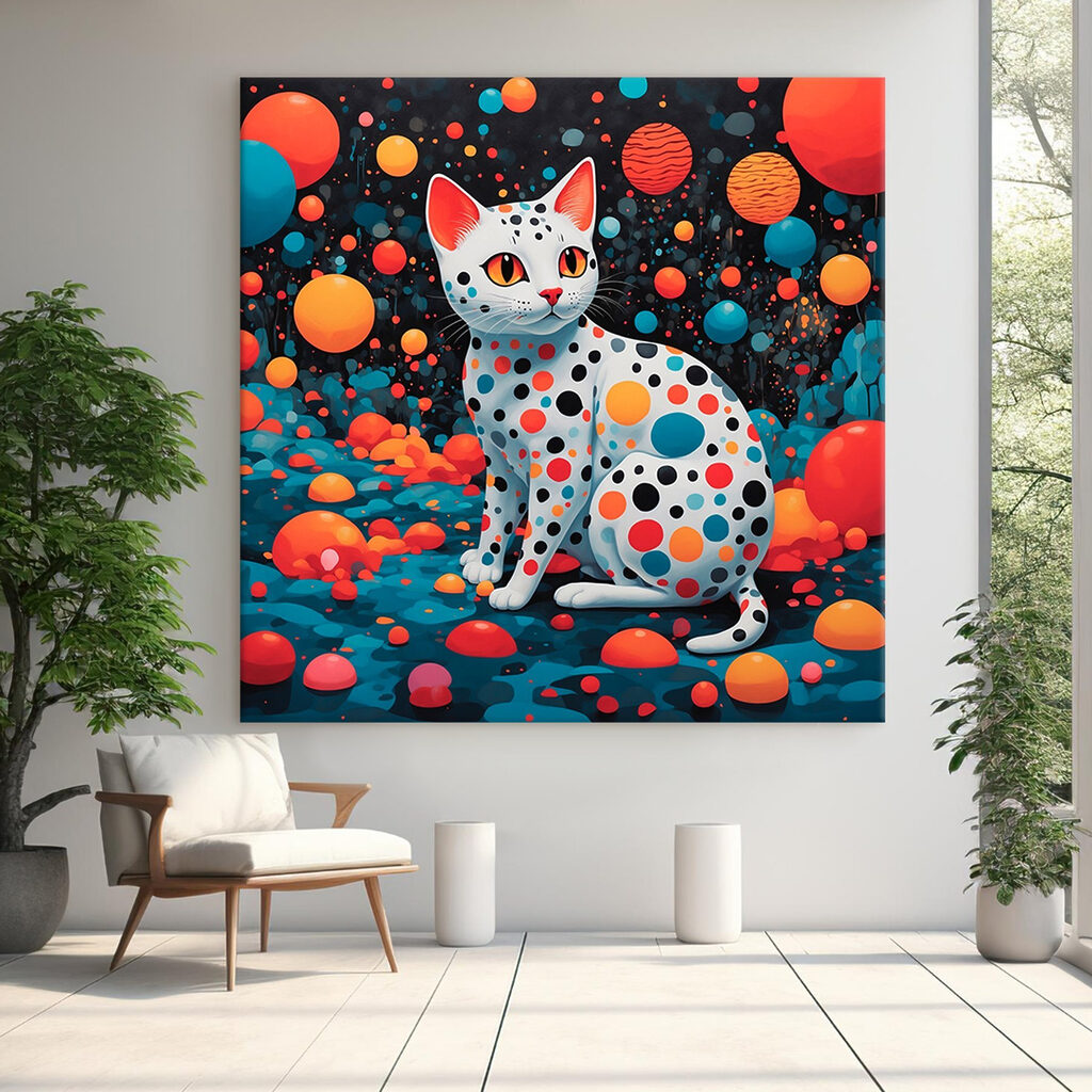 Gato com pintas coloridas — interior 1
