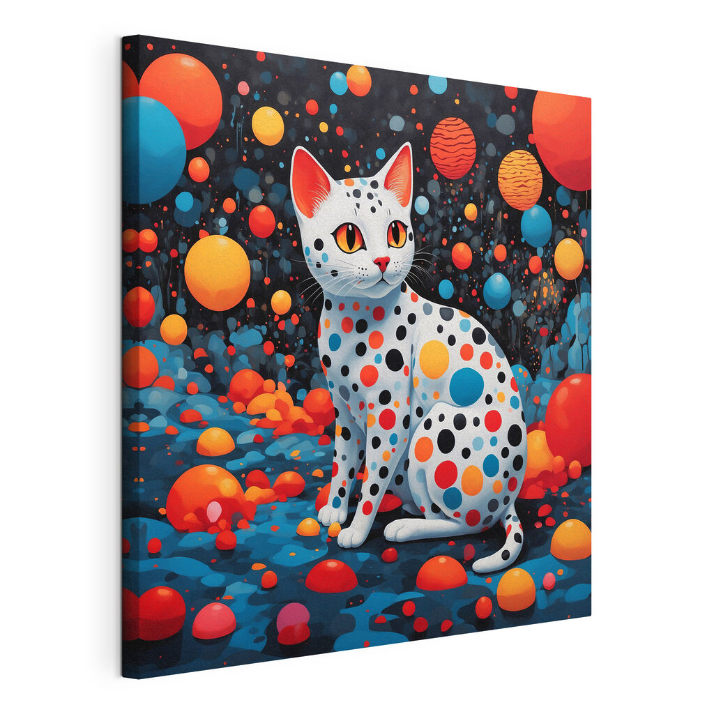 Gato com pintas coloridas, tela esticada e borda contínua