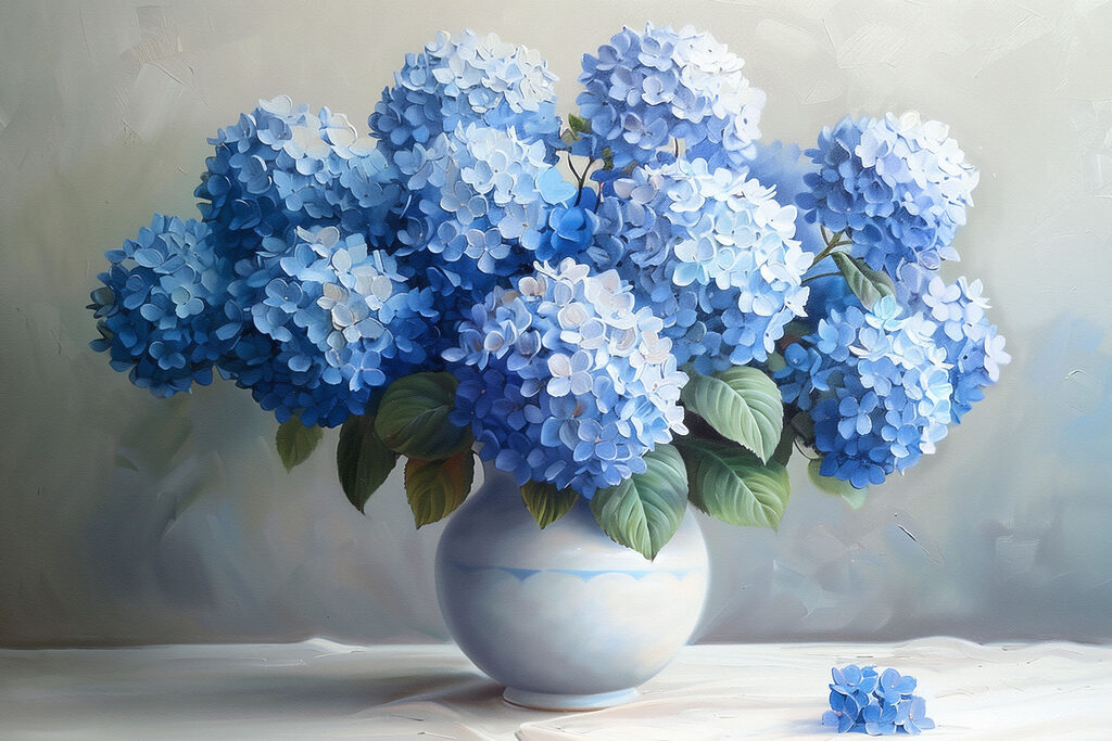 Hortênsias sobre branco — design completo
