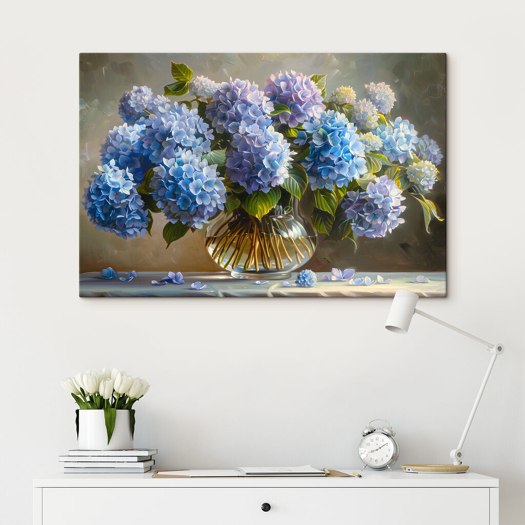 Hortênsias azuis em vidro — interior 1